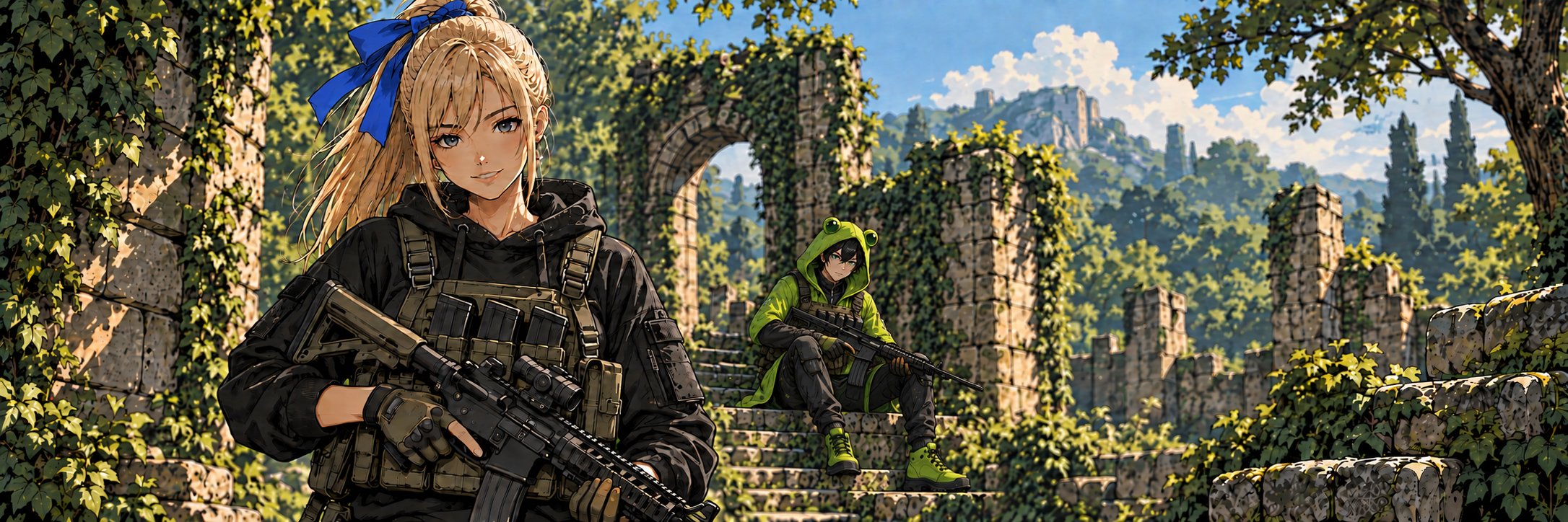 Miss_Chivious banner: a blonde character with a blue ribbon and a companion in a green frog hoodie among sunlit stone ruins
