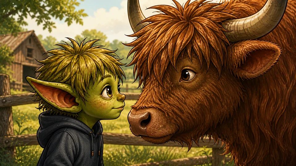Goblin & Highland Cow — Custom Art example